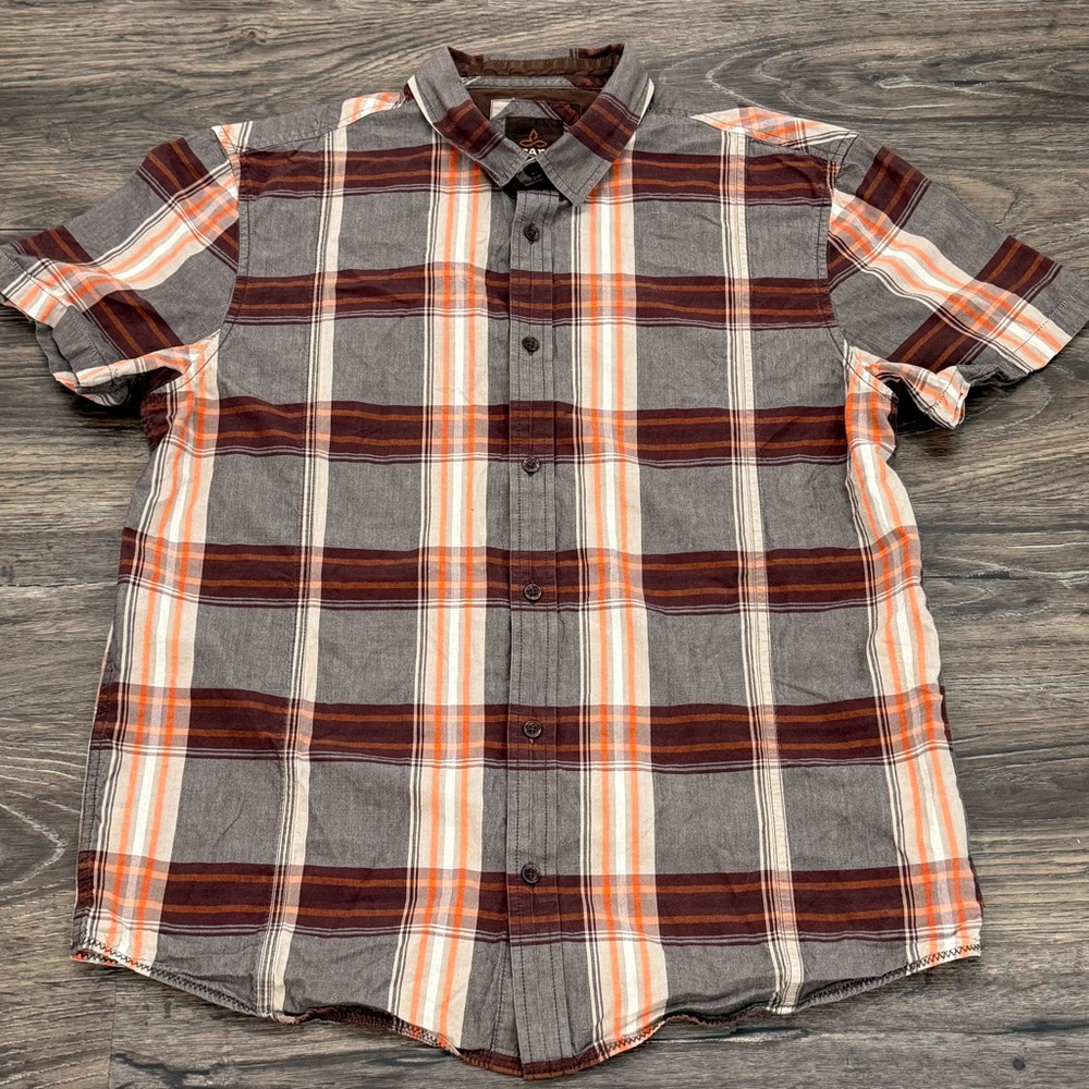 Prana Mens Organic Cotton Plaid Short Sleeve Button Down Shirt Grey Orange LRG
